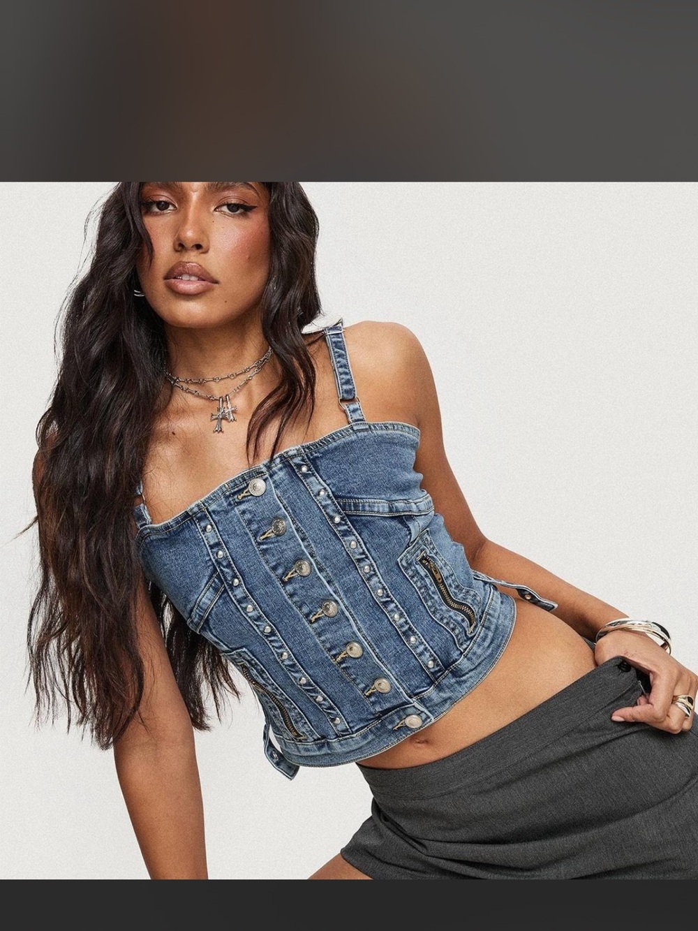 Princess Polly Denim Button-Front Corset Tank Top - Blue